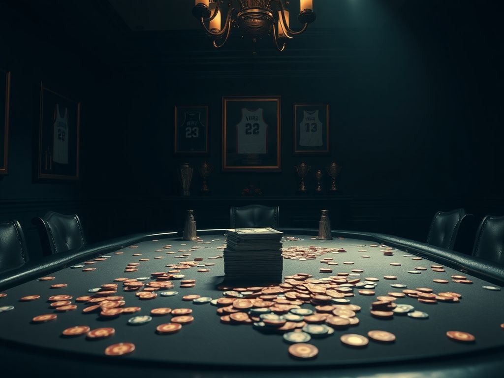 Flick International Dimly lit high-stakes poker game setup with poker chips and cards