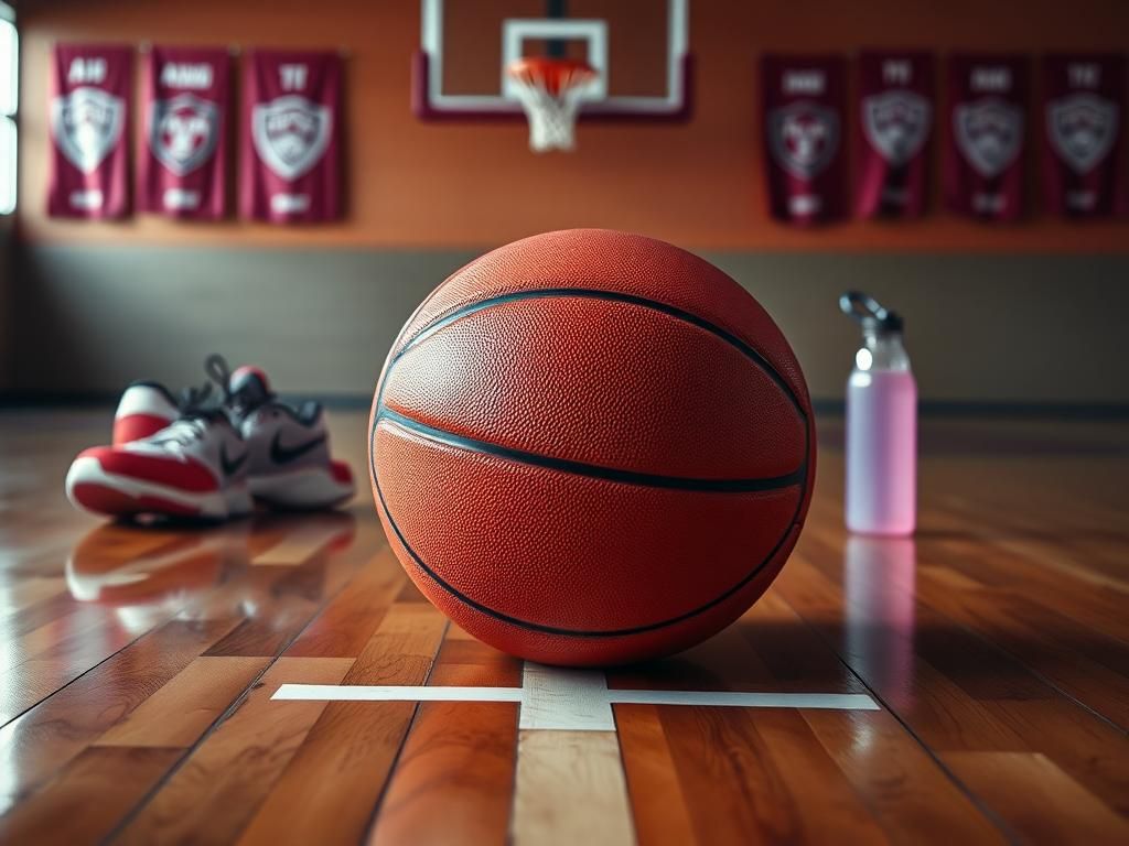 Flick International Close-up of a basketball on a wooden gym floor with reflections of the court's three-point line