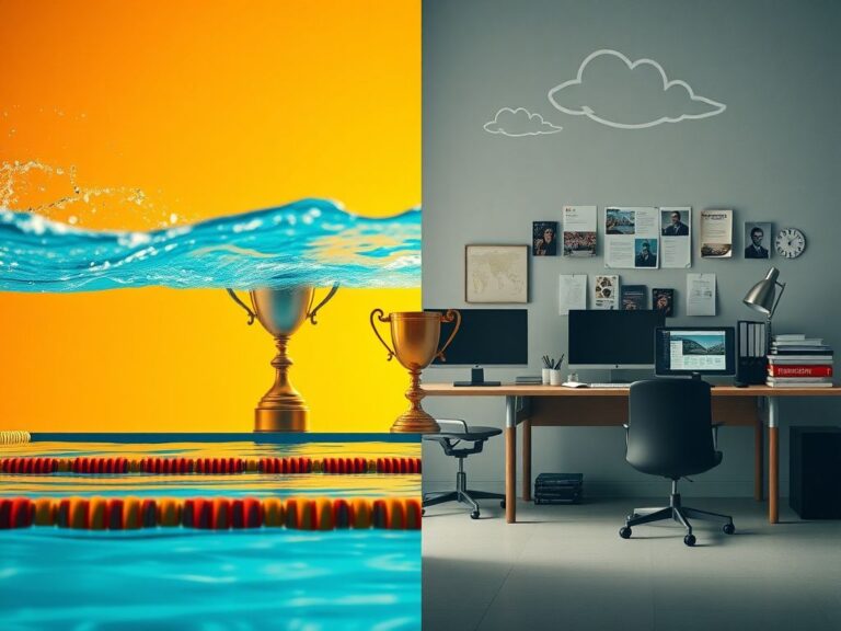 Flick International Scene contrasting athletic achievement in a swimming pool with political debate at an office desk