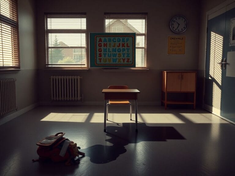 Flick International Dimly lit empty classroom with a small wooden desk and colorful alphabet poster