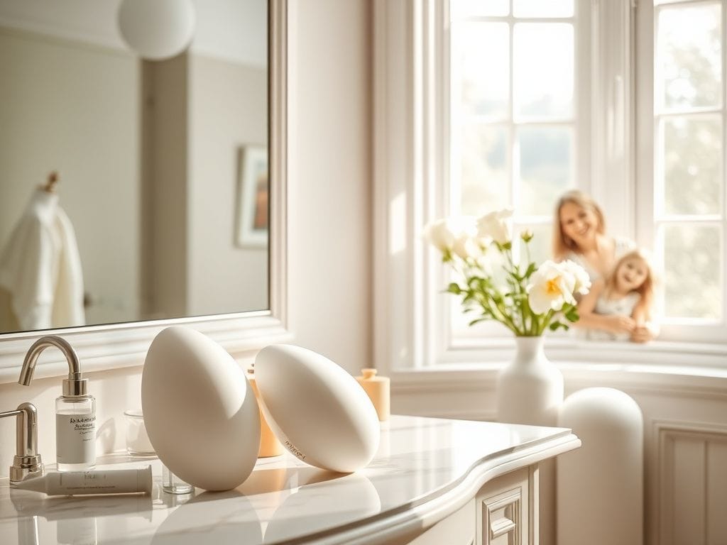 Flick International A serene bathroom scene showcasing beauty products and modern breast implants