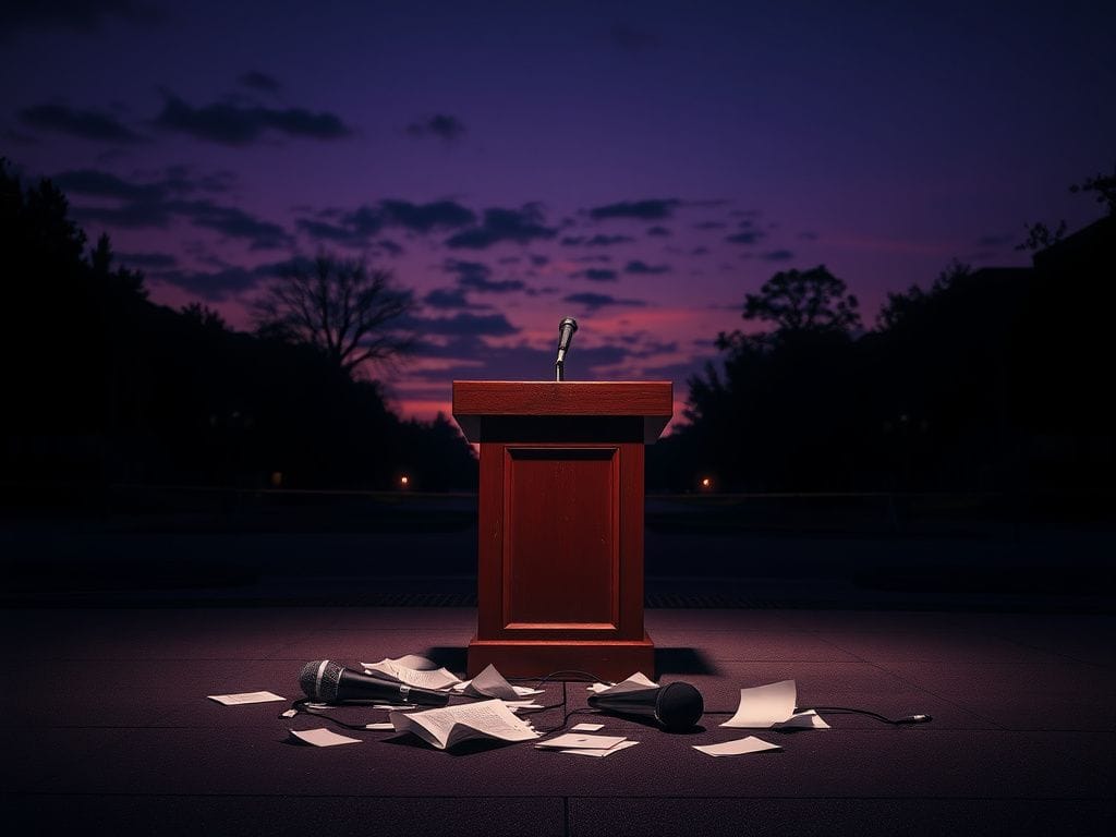 Flick International Empty university campus at dusk with a weathered podium symbolizing tension over the Charlie Kirk case