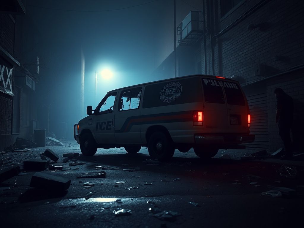 Flick International Battered ICE vehicle with shattered windows in a dimly lit Los Angeles alley during a pre-dawn raid