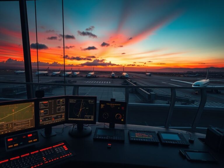 Flick International Aerial view of a busy airport control tower at dusk with glowing sunset reflections