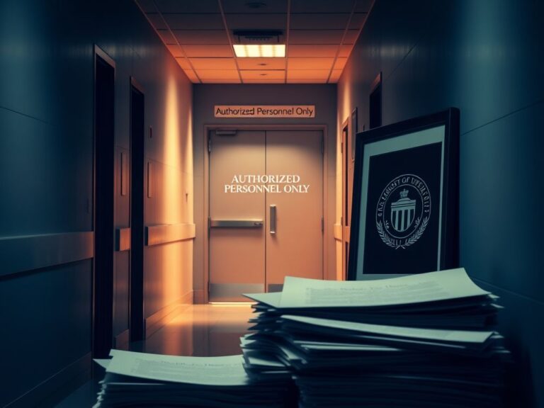 Flick International Dimly lit corridor in medical school featuring a locked door labeled 'Authorized Personnel Only'