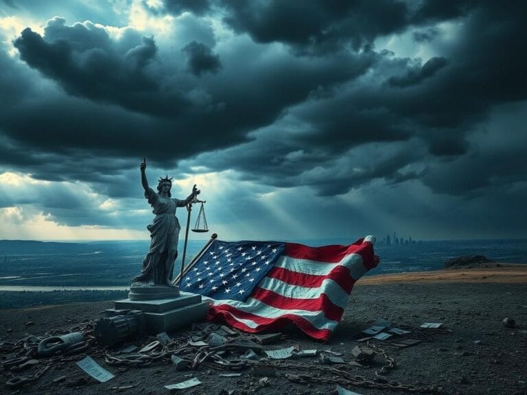 Flick International A stormy sky over a crumbling American flag symbolizes turmoil and discontent.