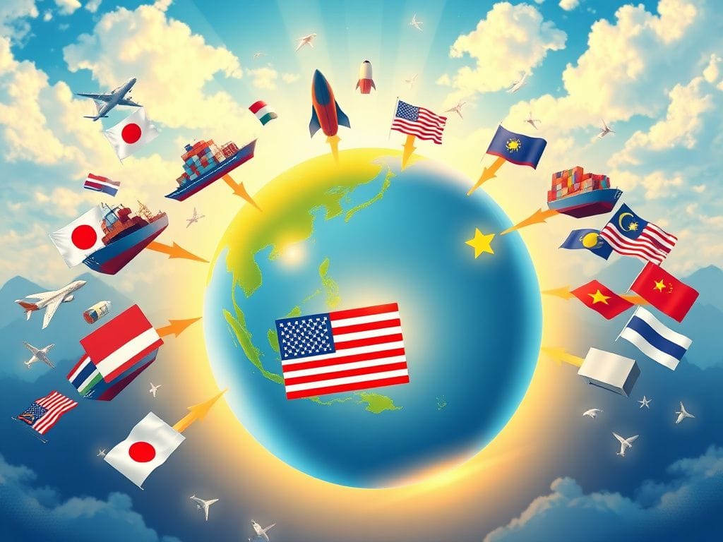 Flick International A globe illustrating trade routes from Asia to the United States with vibrant symbols of commerce.
