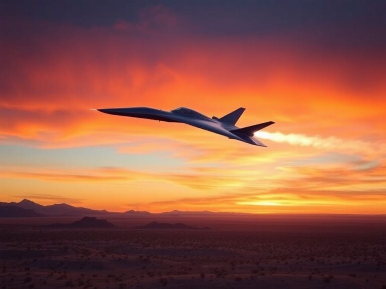 Flick International Lockheed Martin's X-59 supersonic jet flying against a vibrant sunset sky
