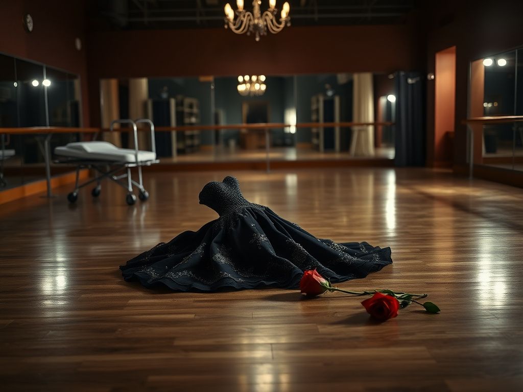 Flick International Crumpled ballroom dance gown on an empty dance floor with an empty stretcher nearby.