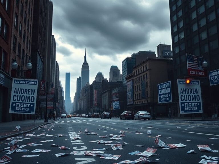 Flick International Tense urban scene in New York City with empty streets and Cuomo campaign posters.