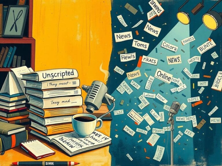 Flick International A split canvas illustration contrasting a cluttered desk with personal books and a chaotic news setting representing public scrutiny.