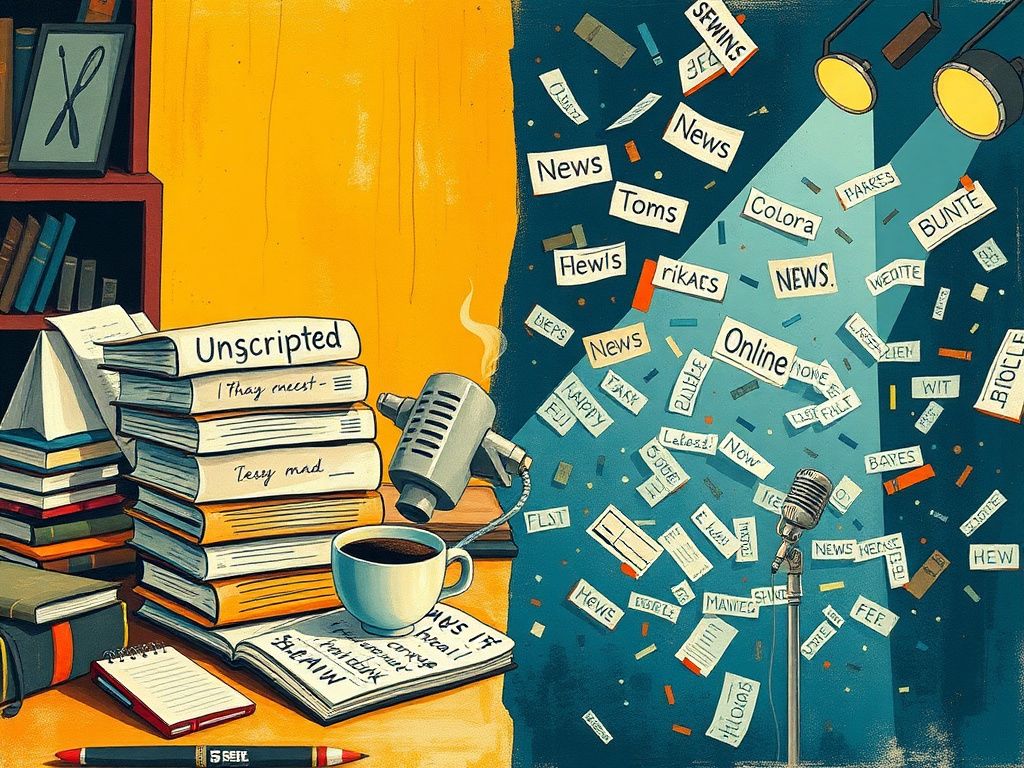 Flick International A split canvas illustration contrasting a cluttered desk with personal books and a chaotic news setting representing public scrutiny.