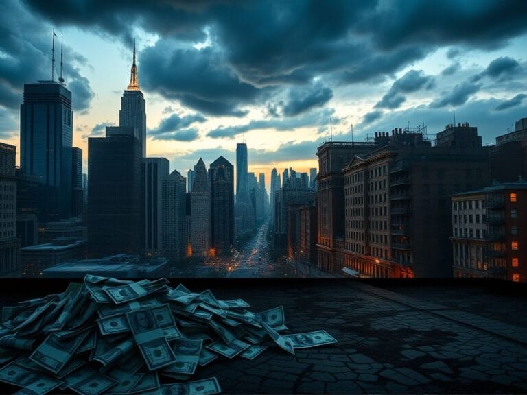 Flick International Stark urban landscape of divided New York City skyline at twilight