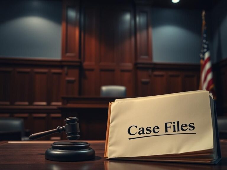 Flick International Dimly lit courtroom scene with a judge's bench and case files suggesting serious legal proceedings