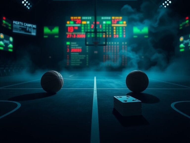 Flick International Shadowy basketball court symbolizing NBA rivalry with poker table and betting odds