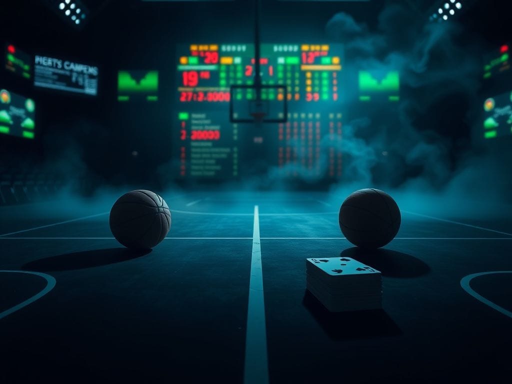 Flick International Shadowy basketball court symbolizing NBA rivalry with poker table and betting odds