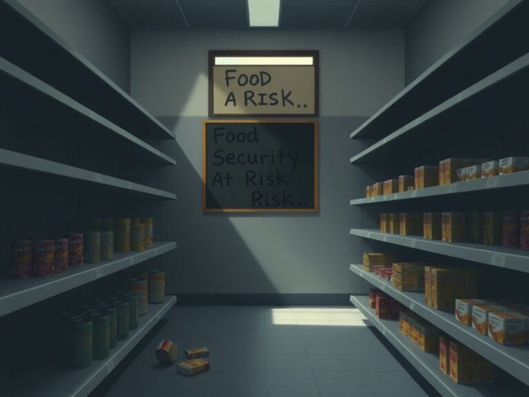 Flick International Somber grocery store aisle with partially stocked shelves and a notice about food security risks