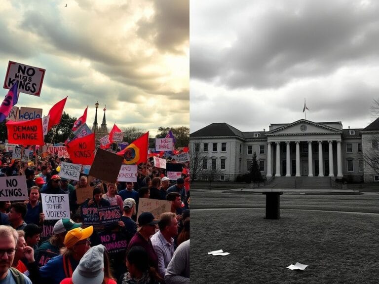 Flick International A contrasting scene depicting a vibrant protest on the left and an empty university campus on the right, symbolizing political division.