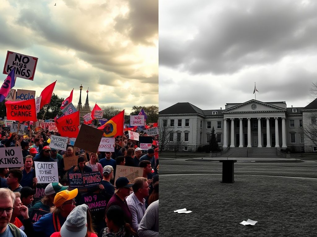Flick International A contrasting scene depicting a vibrant protest on the left and an empty university campus on the right, symbolizing political division.