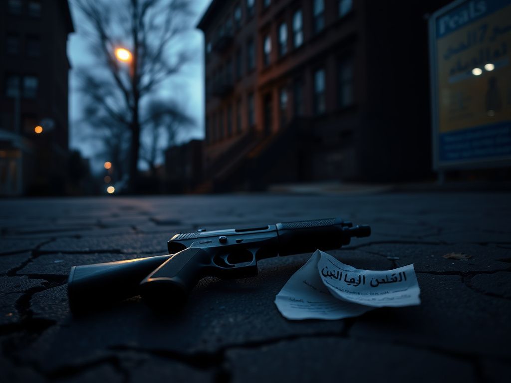 Flick International A shadowy figure of a gun lying on cracked pavement in a deserted Brooklyn street at dusk.