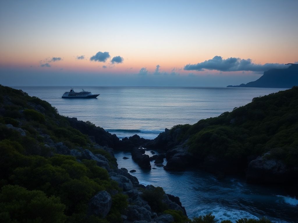 Flick International Serene twilight coastal scene of Lizard Island with rugged terrain and Coral Adventurer ship silhouette in the background