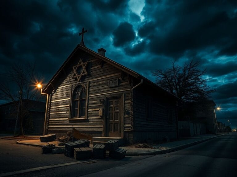 Flick International A foreboding view of a weathered synagogue at dusk, surrounded by ominous symbols of unrest.