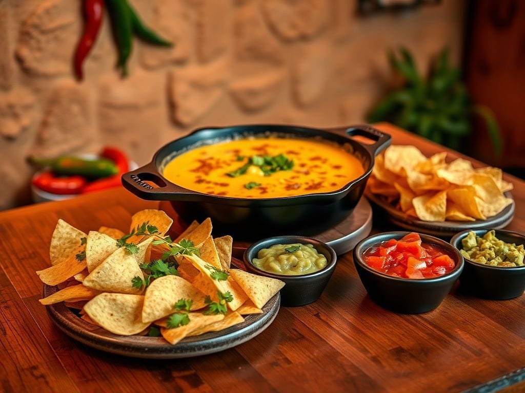 Flick International A cast-iron skillet filled with creamy, bubbling beef queso garnished with fresh cilantro, surrounded by colorful tortilla chips, salsa, and guacamole.