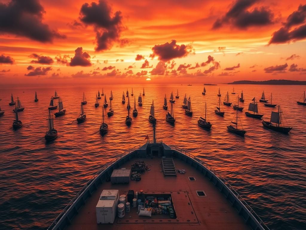 Flick International Aerial view of empty boats on a sunset sea representing the Gaza flotilla