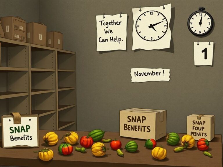 Flick International Dimly lit food pantry with empty shelves and wilted produce symbolizing food insecurity.