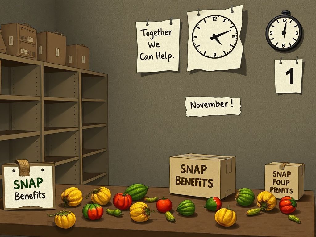 Flick International Dimly lit food pantry with empty shelves and wilted produce symbolizing food insecurity.