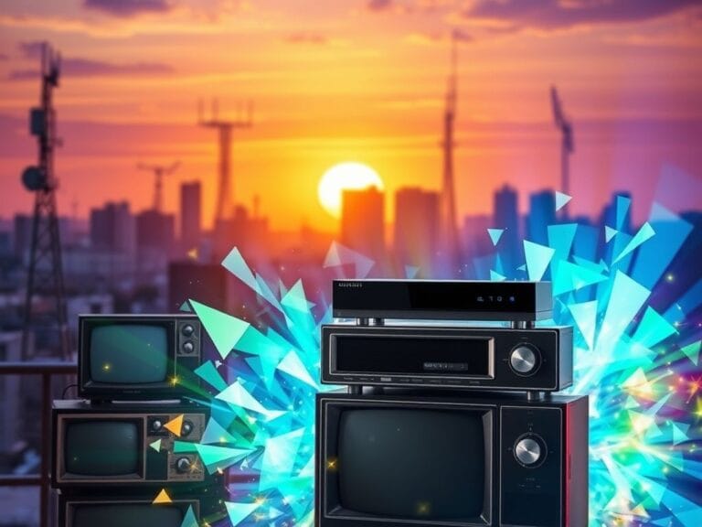 Flick International Abstract representation of the cable television industry with modern devices and vibrant shards of light