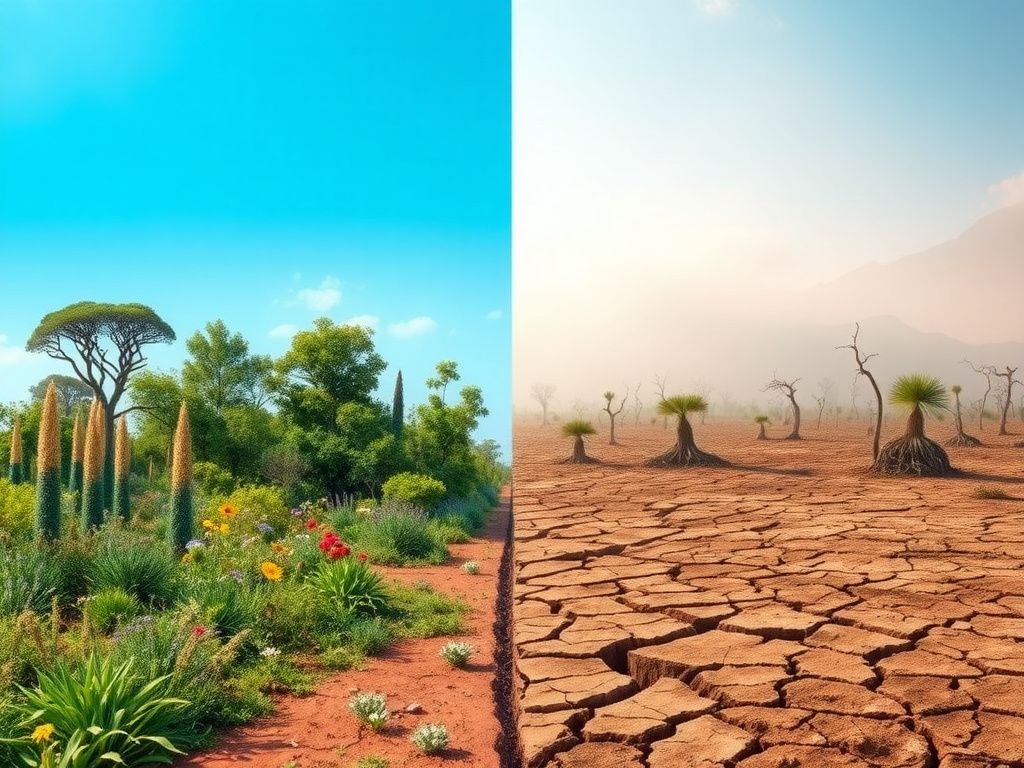 Flick International A divided landscape illustrating the contrast between a thriving ecosystem and a desolate environment affected by climate change.