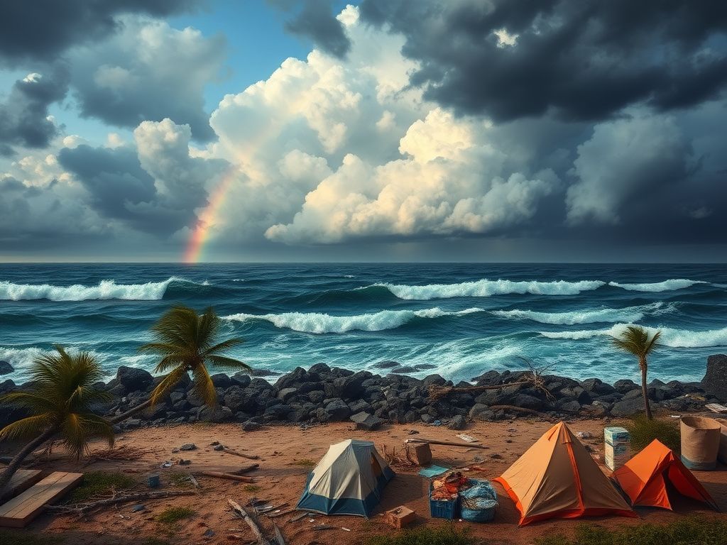 Flick International Dramatic coastal landscape depicting hurricane aftermath with storm clouds and turbulent ocean waves