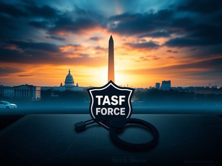 Flick International Dramatic dusk skyline of Washington, D.C. with law enforcement symbols