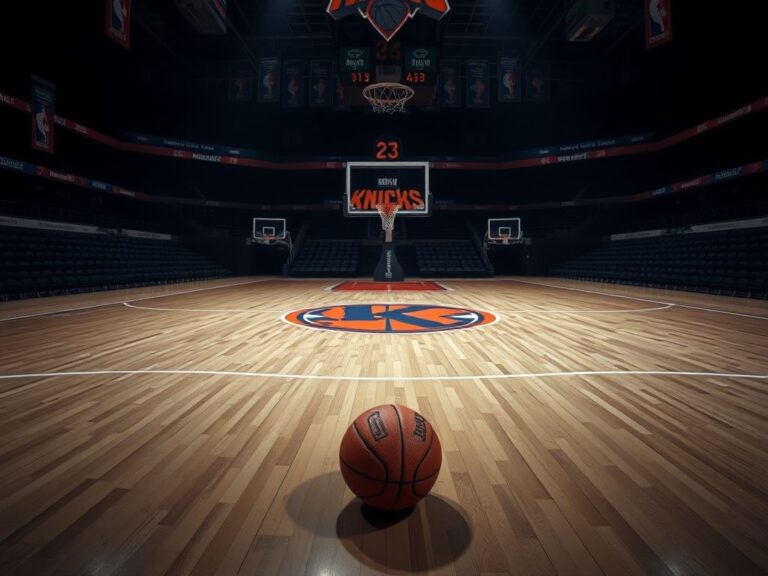 Flick International An empty basketball court at Madison Square Garden with a worn-out basketball on the floor