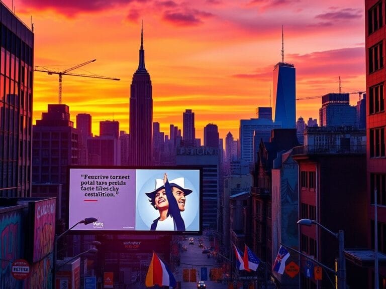 Flick International Dynamic New York City skyline at dusk showcasing iconic landmarks and vibrant campaign messages