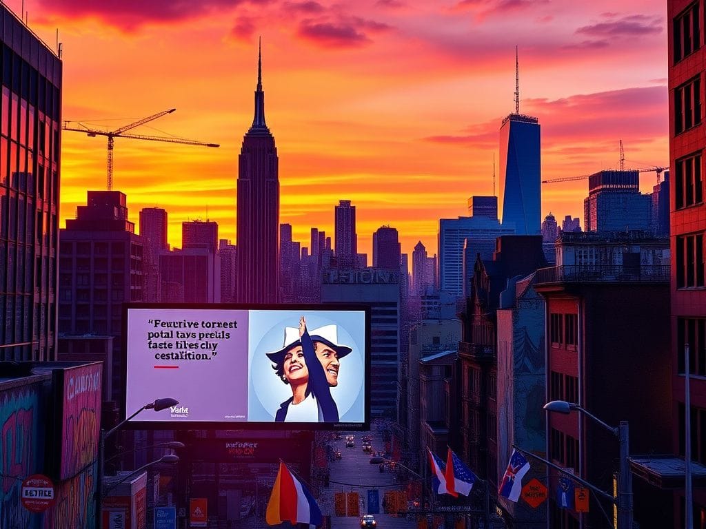 Flick International Dynamic New York City skyline at dusk showcasing iconic landmarks and vibrant campaign messages