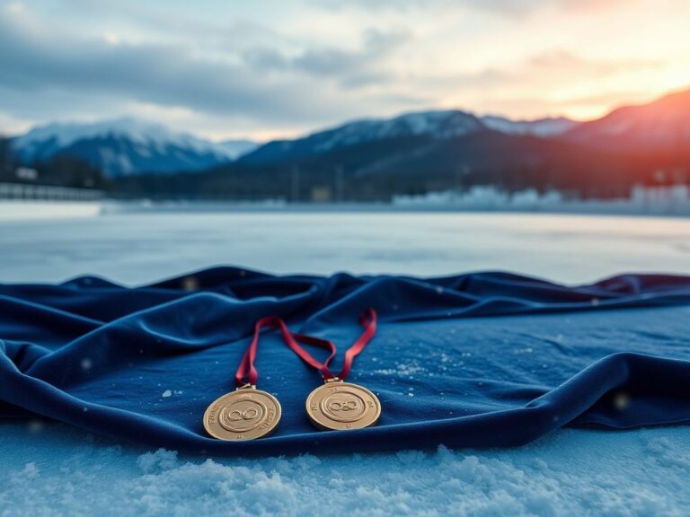 Flick International A serene winter scene with a deserted ice rink and glistening gold medals on navy blue velvet