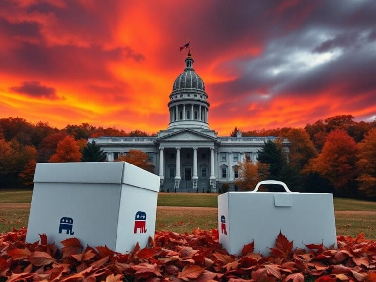 Flick International Political landscape of New Hampshire with state capitol building and autumn foliage