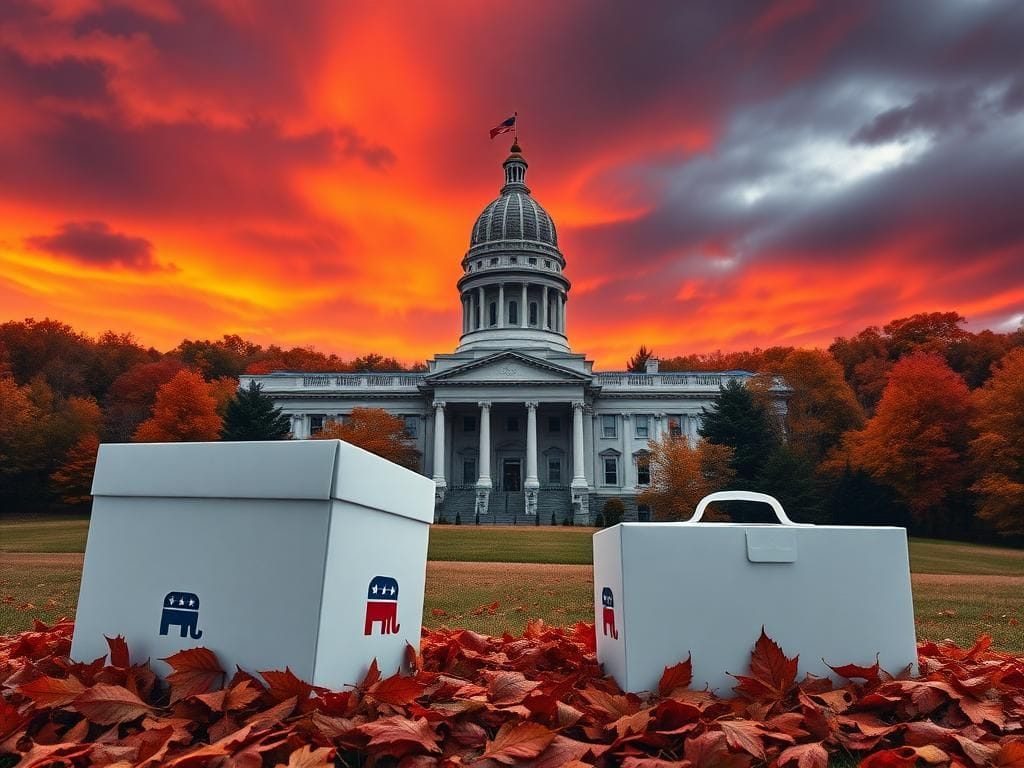 Flick International Political landscape of New Hampshire with state capitol building and autumn foliage