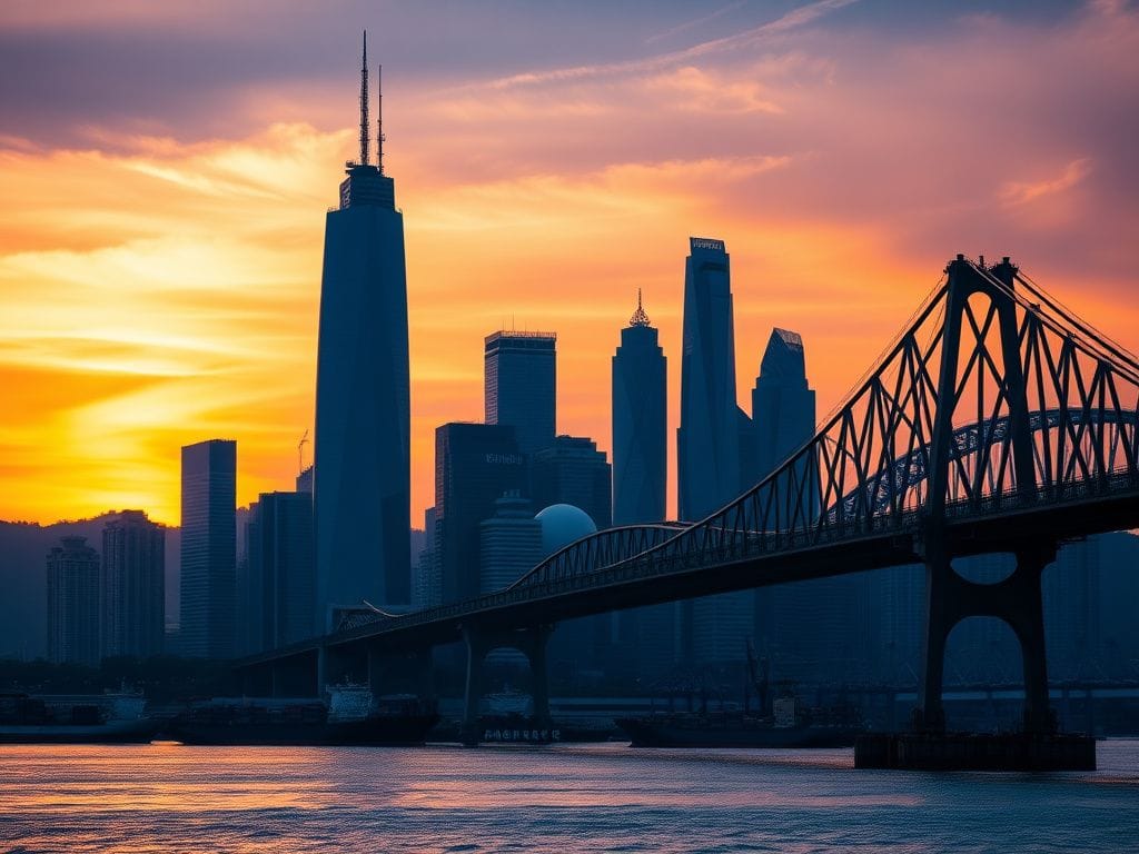 Flick International Panoramic view of Busan skyline featuring skyscrapers and a large bridge under a dramatic sunset