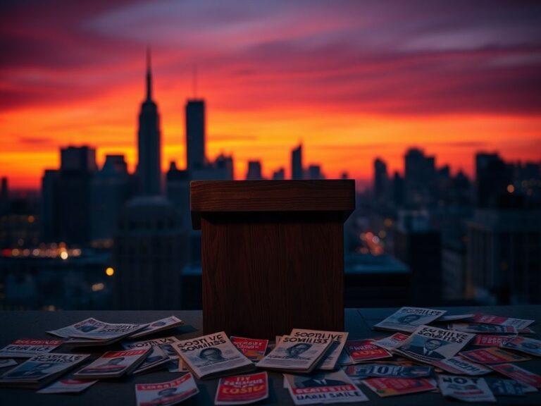 Flick International Dramatic skyline of New York City at dusk with empty podium symbolizing political tension