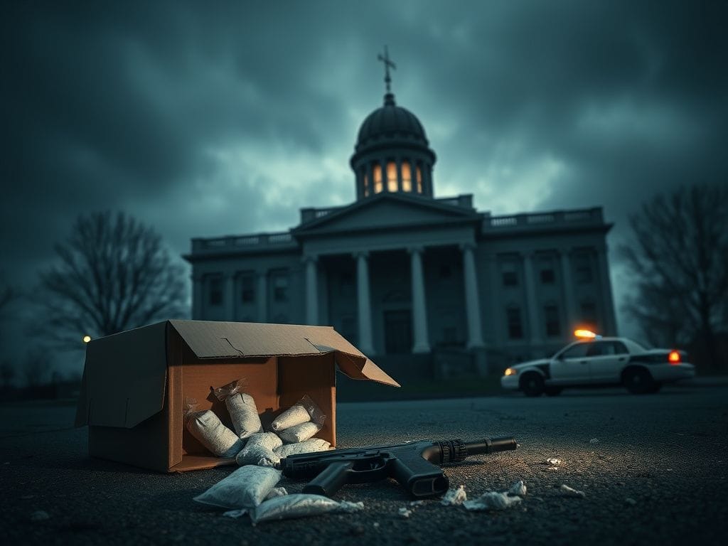 Flick International A Massachusetts state office building under a gray sky with cardboard boxes spilling cocaine and a discarded firearm nearby.