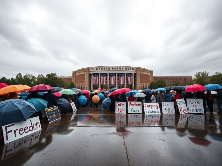 Flick International A long line of students with colorful umbrellas waiting in the rain at Ole Miss for the Turning Point USA event.