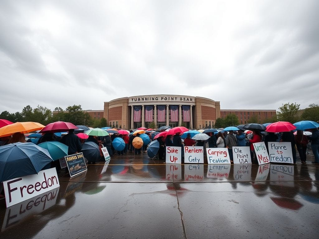 Flick International A long line of students with colorful umbrellas waiting in the rain at Ole Miss for the Turning Point USA event.