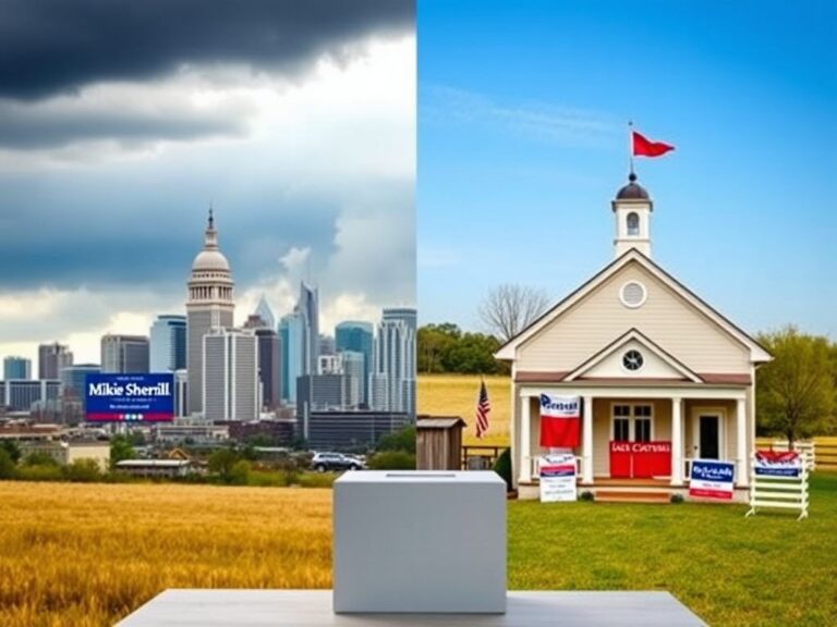 Flick International Split-image of New Jersey's political landscape contrasting Democratic city skyline with Republican suburban town hall