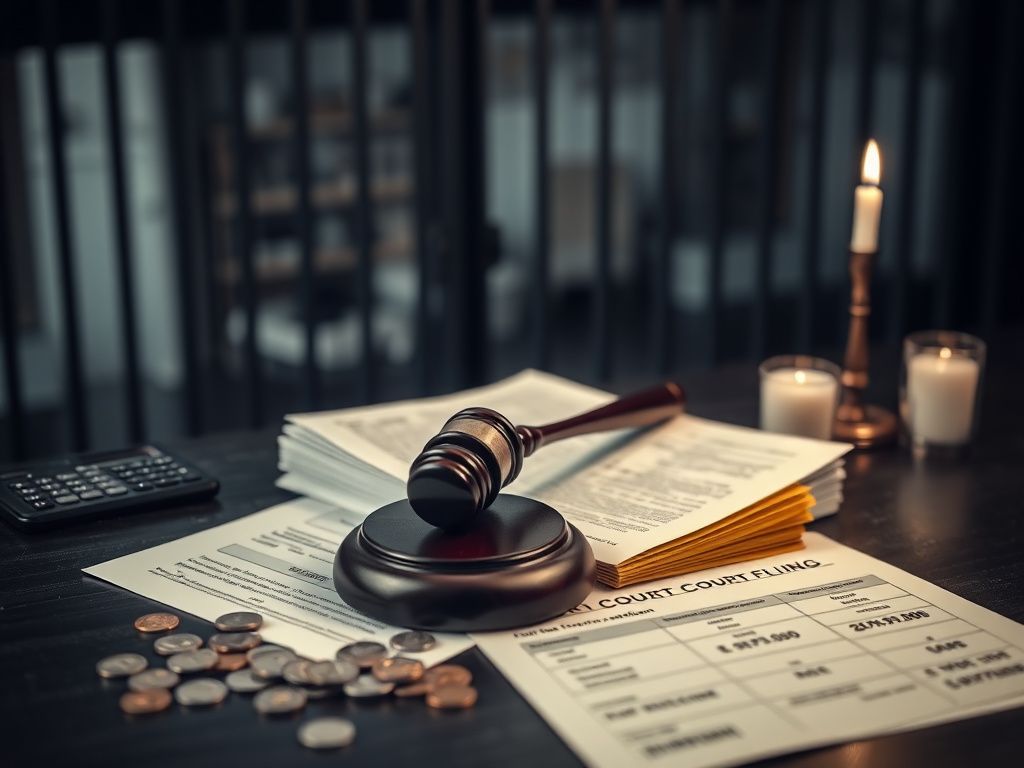 Flick International A somber courtroom scene with legal documents and a gavel symbolizing justice