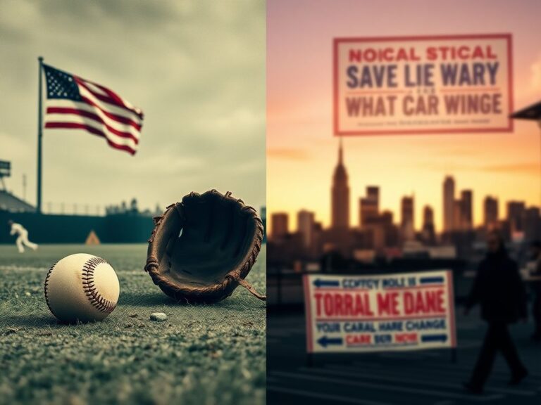 Flick International A split image contrasting Jackie Robinson's historic baseball moment with Zohran Mamdani's modern political campaign in New York City.