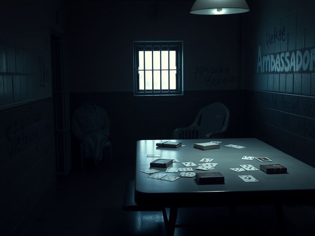 Flick International Dimly lit federal jail cell scene depicting a cafeteria-style table with playing cards and books, highlighting inmate camaraderie.