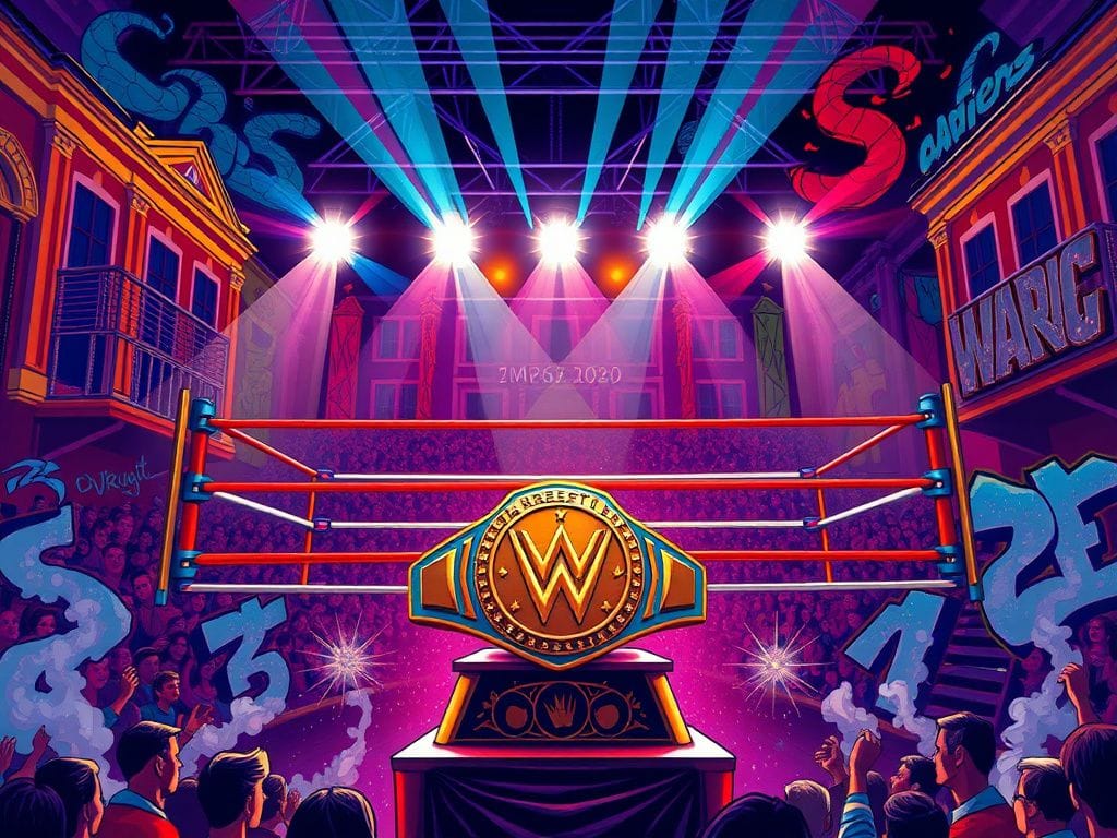 Flick International Dramatic illustration of a vibrant pro wrestling ring in Charleston, South Carolina